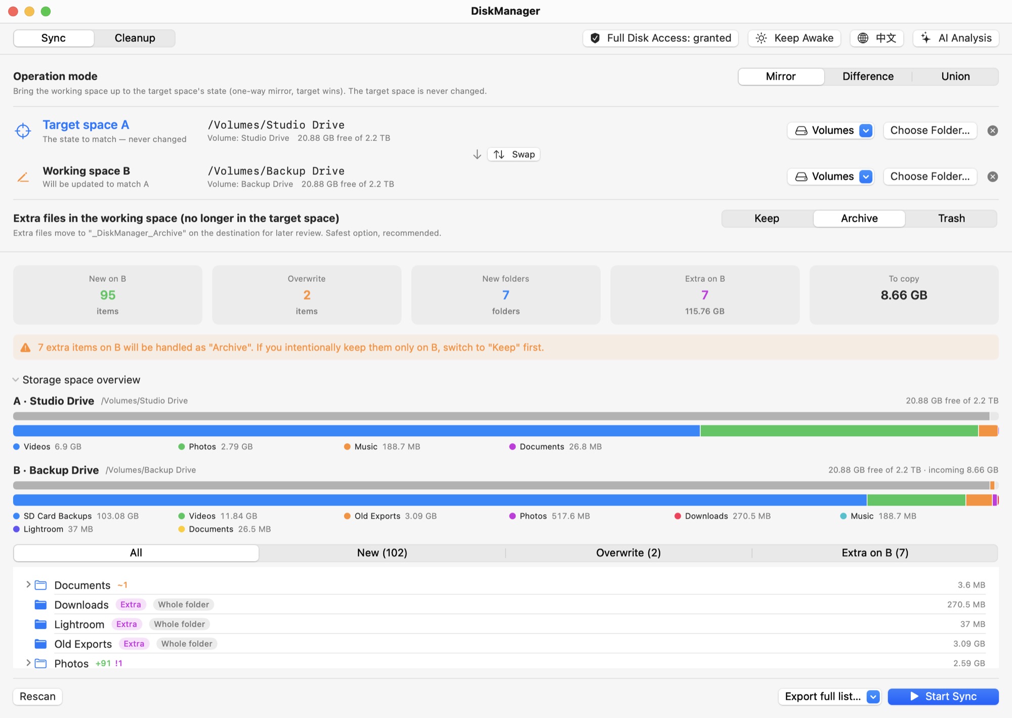 DiskManager sync tab showing a mirror plan between two drives